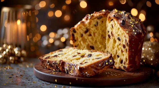 Close up of a sliced panettone on a wooden board with bokeh lights in the background for christmas