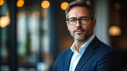 Fototapeta premium Professional man portrait modern office business environment indoor setting focused expression for corporate branding