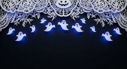 Halloween background with glowing blue ghosts and intricate white papercraft decorations.