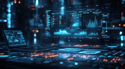 Data analysis dashboard displaying real-time analytics technology environment digital content futuristic viewpoint