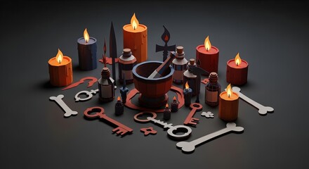 A mystical still life arrangement of occult objects including candles, potions, bones, and keys for a magical ritual.