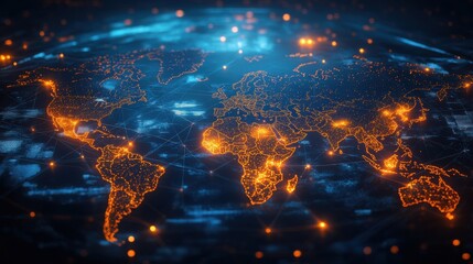 Global network visualization digital world map data connectivity futuristic environment aerial view technology concept