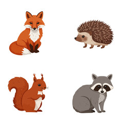 Fototapeta premium Adorable woodland animals with fox, hedgehog, squirrel, and raccoon in cute cartoon style