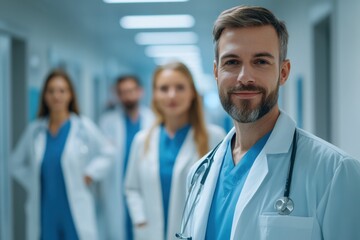 Healthcare professionals collaborate in hospital corridor teamwork medical environment group focused on patient care