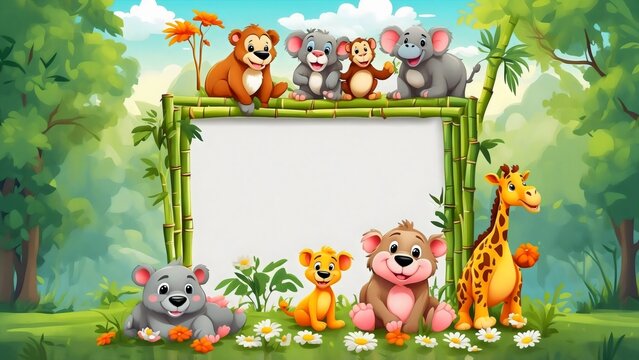 Playful illustrations of charming jungle creatures, gather around a blank canvas, create space for imagination, inviting creativity and custom messages.