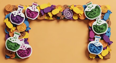 A whimsical frame made of colorful cartoon potions and assorted candies on a plain orange background.
