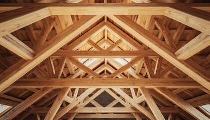 The image shows a ceiling with intricate wooden beams forming a complex geometric pattern of triangles and intersecting lines.