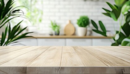 A clean, empty, light-colored wooden table is shown in the foreground with a blurred kitchen and indoor plants in the background.