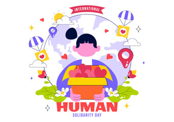 International Human Solidarity Day Vector Illustration Featuring Earth, Hands, and Love Symbols Representing Unity, Help, and Support for People