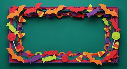 A festive Halloween-themed frame decorated with colorful paper bats, candy corn, and sweets on a solid green background.