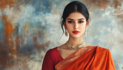 A young woman with dark hair and red lipstick is wearing a red and gold sari, necklace, and earrings; she looks directly at the camera.