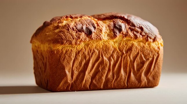 A loaf of golden brown bread with a slightly burnt top sitting on a neutral colored surface