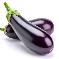 Two fresh eggplants, glossy dark purple skin, green stems