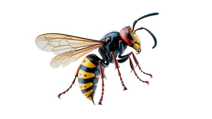 Detailed hornet insect close up with transparent wings and segmented body