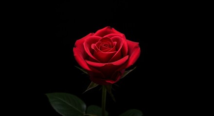 Fototapeta premium Red rose on black background, romantic minimal composition. 