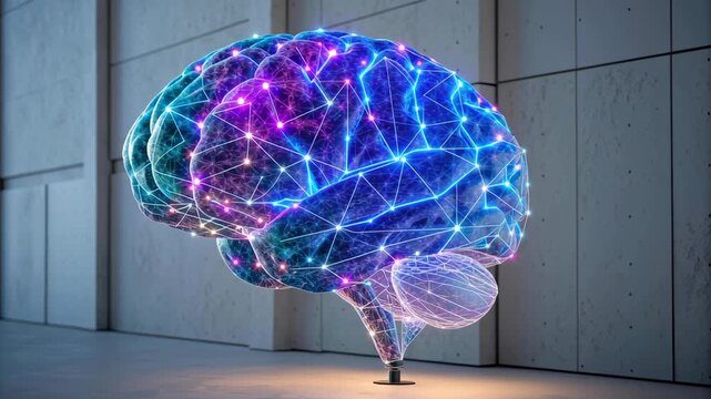 Futuristic digital brain model with glowing neural network, vibrant colors, and modern technology, showcasing innovation, artificial intelligence