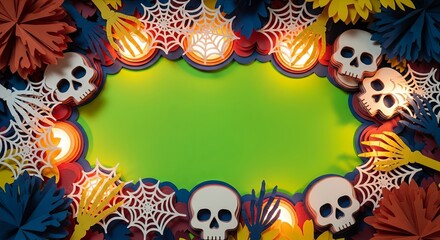 Festive Halloween papercraft frame with skulls, spiderwebs, and glowing lights on a green background.