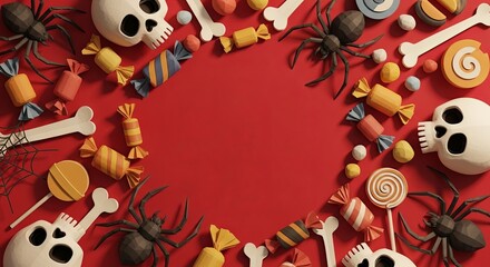 Halloween circular frame with clay-style skulls, spiders, bones, and candy on a red background.