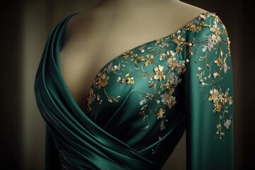Luxurious Emerald Satin Gown with Gilded Floral Embroidery and Draped Bodice.