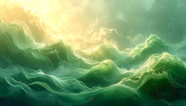 Lush, ethereal landscape of rolling hills under a vibrant sky