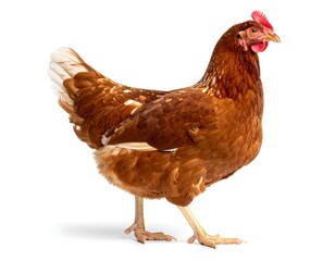 A detailed side profile depicts a brown hen, featuring a red comb and wattle. The chicken stands on a white background, with details in its feathers
