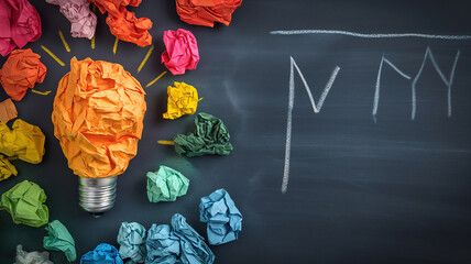 Education Concept with Crumpled Paper as Light Bulb Metaphor on Blackboard
