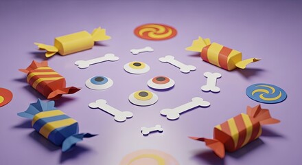 A collection of papercraft Halloween candies, eyeballs, and bones arranged on a purple background.