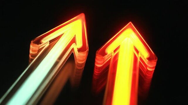 Close-up shot of two neon arrows pointing in opposite directions, suitable for use in presentations, infographics, and visual aids