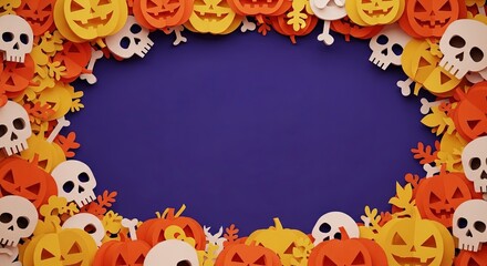 Festive Halloween frame made of papercraft pumpkins, skulls, and autumn leaves with a central blue copy space.