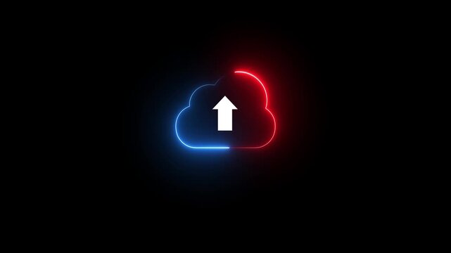 Neon Cloud Icon with Upload Arrow in Red and Blue Glow on Black image photo