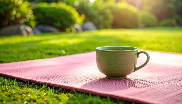 A green mug rests on a pink yoga mat in lush green grass outdoors, illuminated by soft sunlight, suggesting peace