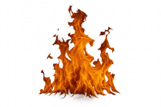 Fire flames burning bright, heat and energy spreading, isolated hot orange blaze with a transparent background