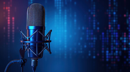 Broadcasting banner with microphone and waveform on blue