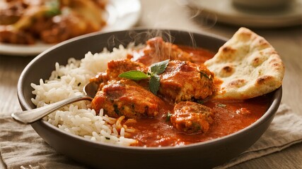 Fototapeta premium A bowl of chicken curry with rice and naan bread, garnished with fresh herbs and served hot.