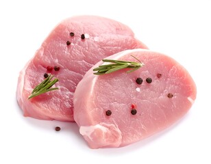 Two raw pork chops, seasoned with rosemary and peppercorns