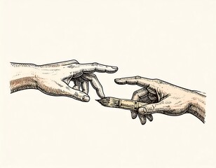 Two hands reaching towards each other, a brush between them