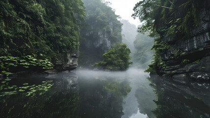 Obraz premium RiverAmidstLushCliffsWithMist