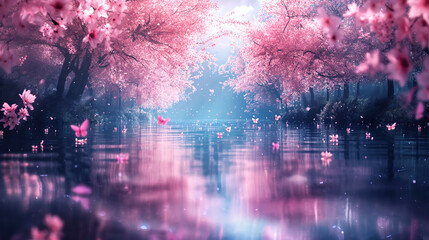Wide angle of sakura background with butterflies and cherry blossom rain