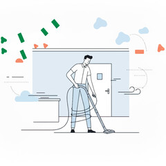 Vector minimalistic Illustration of a man using a vacuum cleaner to clean an office or room. Professional cleaning service, maintenance, and domestic or commercial hygiene concept.