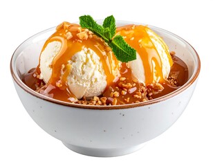 Two scoops of vanilla ice cream in a bowl with caramel sauce and crunchy topping