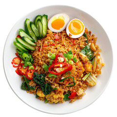 Delicious fried rice dish with fresh vegetables and perfectly cooked eggs, isolated on white background