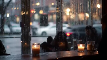 Rainy Evening Café Scene with Candlelight, People Indoors, Urban Window View, Relaxed Atmosphere - Powered by Adobe