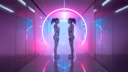 Two identical female figures facing each other. Futuristic silver suits. Glowing neon light ring. Digital identity concept. Metaverse connection. Cyberpunk aesthetic.