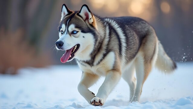 Happy Siberian Husky Dog with Blue Eyes Running in the Snow