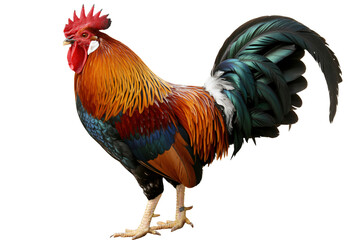 Vibrant rooster displaying iridescent plumage, a symbol of nature.