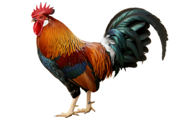 Vibrant rooster displaying iridescent plumage, a symbol of nature.