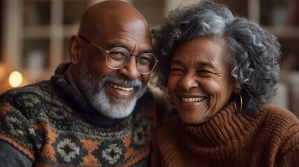 Happy elderly couple smiling warmly indoors wearing cozy winter sweaters, representing love, companionship, and togetherness in senior life with soft lighting and intimate background atmosphere
