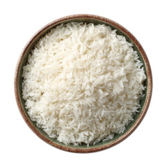 A bowl filled with fluffy cooked white rice, shown from a top-down perspective on a white background.