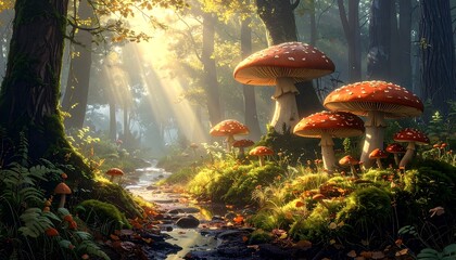 Sunlight streams through a fairytale forest with mushrooms