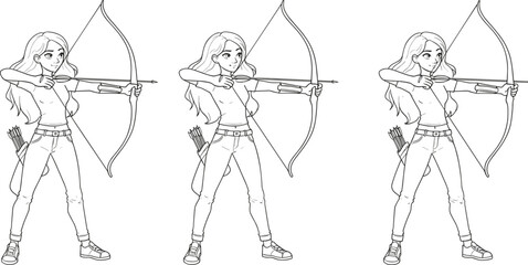 Female archer illustration, vector drawing, woman with bow and arrow, archery pose, sports concept, character design, athlete, quiver, target practice